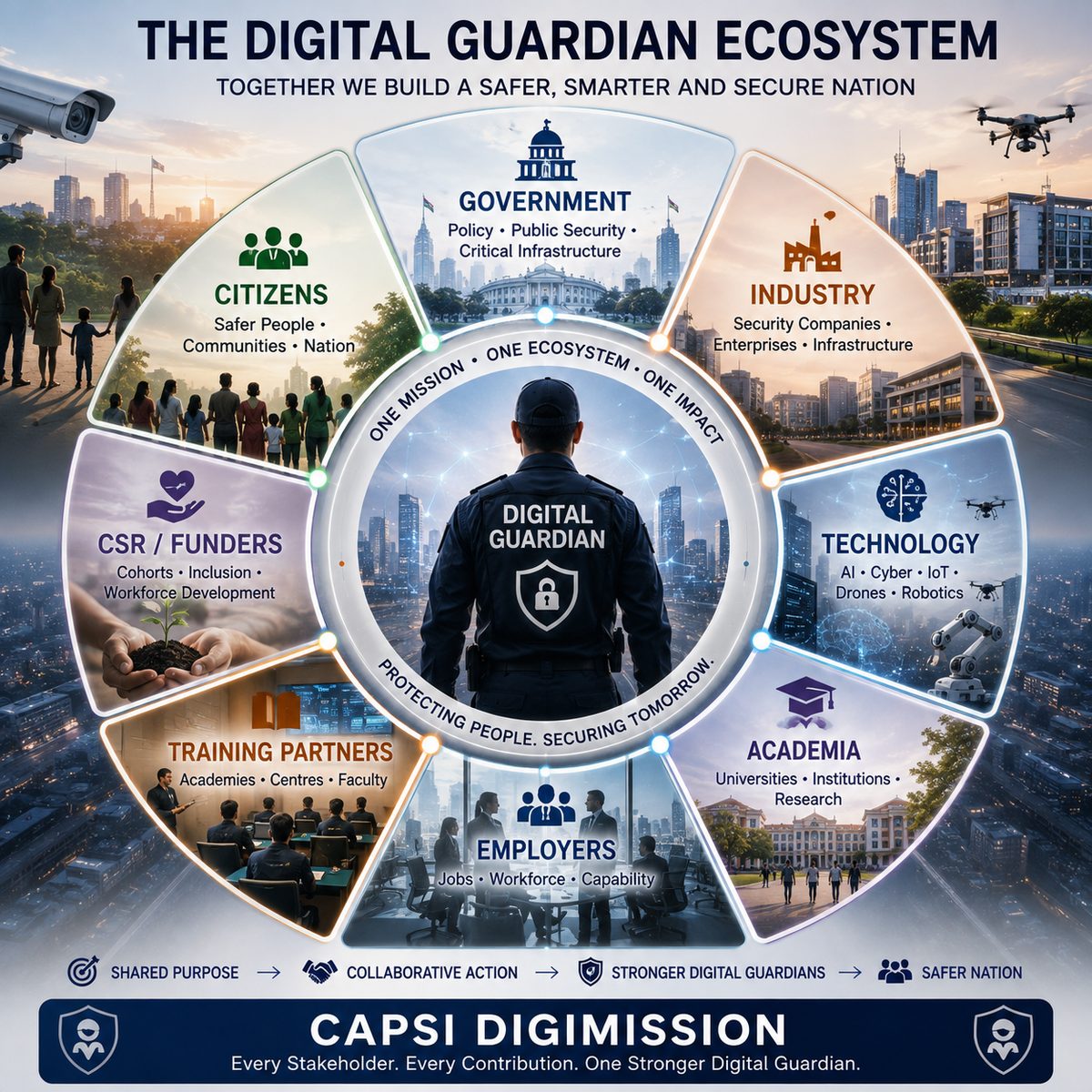 The Digital Guardian Ecosystem — the Digital Guardian at the centre, surrounded by Government, Industry, Technology, Academia, Employers, Training Partners, CSR funders and Citizens